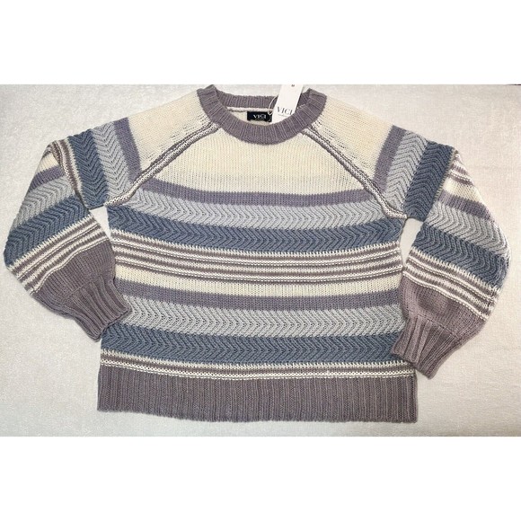 VICI Oakwood striped crewneck wool blend beige/lilac Women knit Sweater SzXL NEW - Picture 2 of 11